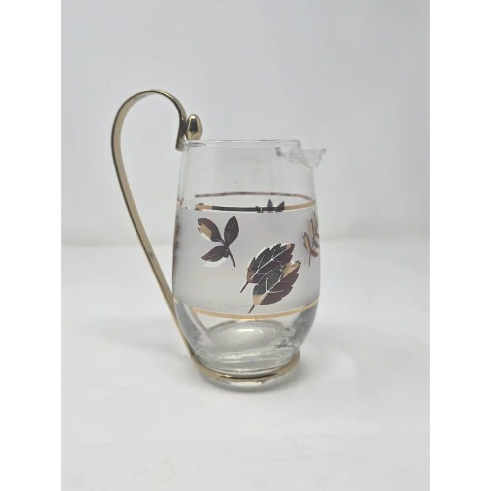 Vintage Mid-Century Glass Cocktail Pitcher – Frosted Autumn Leaves with Brass Ha